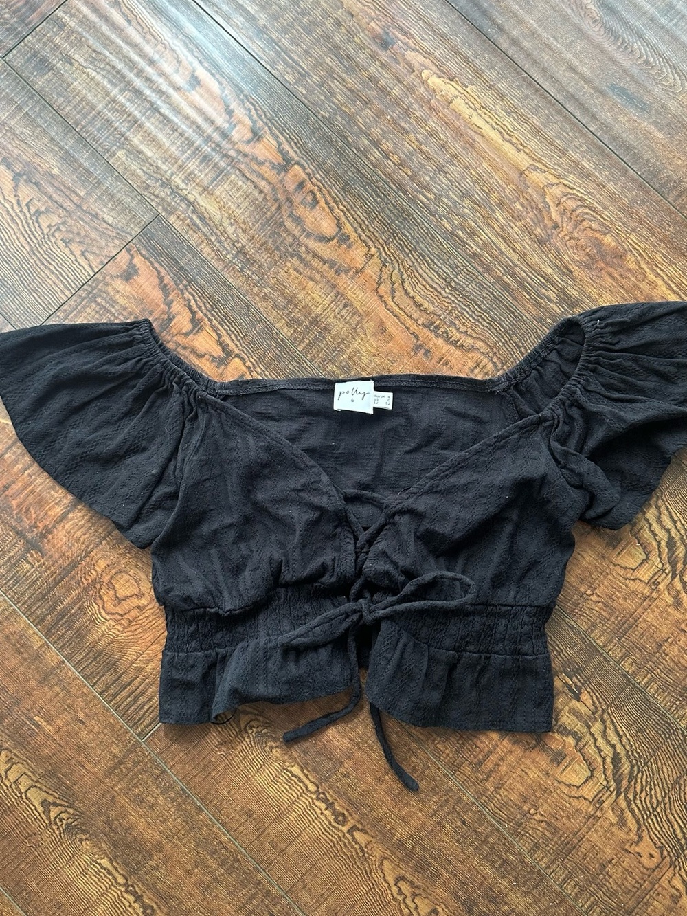 Princess Polly Black Cropped Tie-Front Puff Sleeve Top